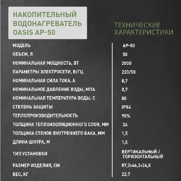 Бойлер  50 л. плоский вертикальный-горизонтальный    AP-50   OASIS   (2000 Вт, c УЗО)   (1/1шт)