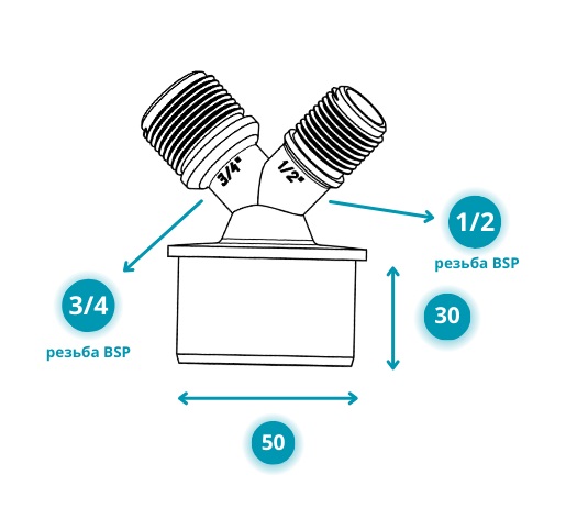 Адаптер д/подключения 2 слива ф50х1/2х3/4 стир.и посудом. РЕЗЬБОВОЙ   (200/1шт)