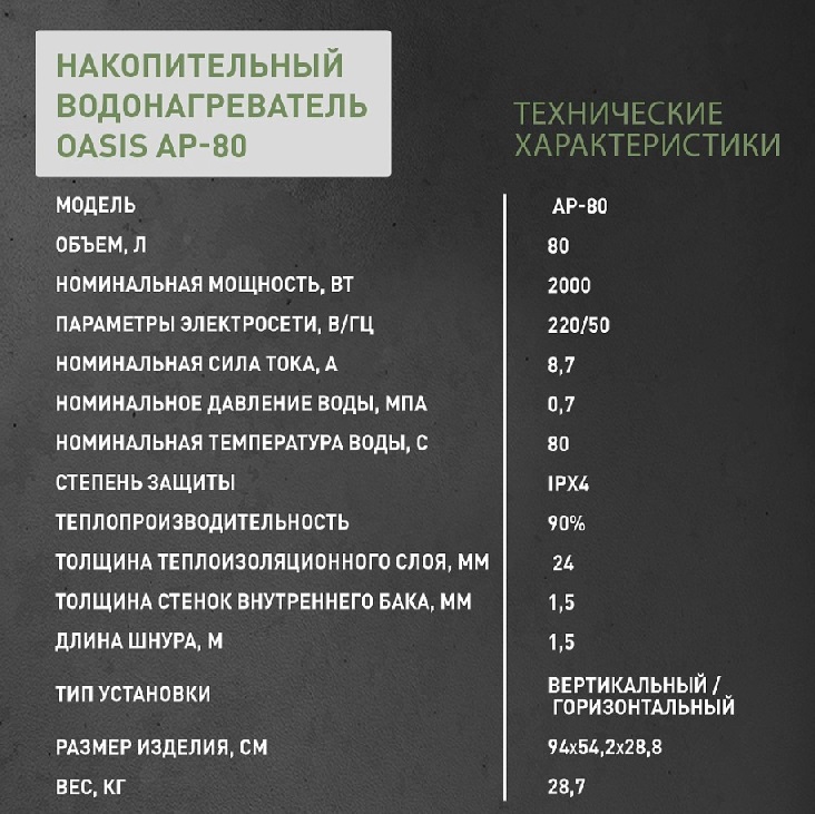 Бойлер  80 л. плоский вертикальный-горизонтальный    AP-80   OASIS   (2000 Вт, c УЗО)   (1/1шт)