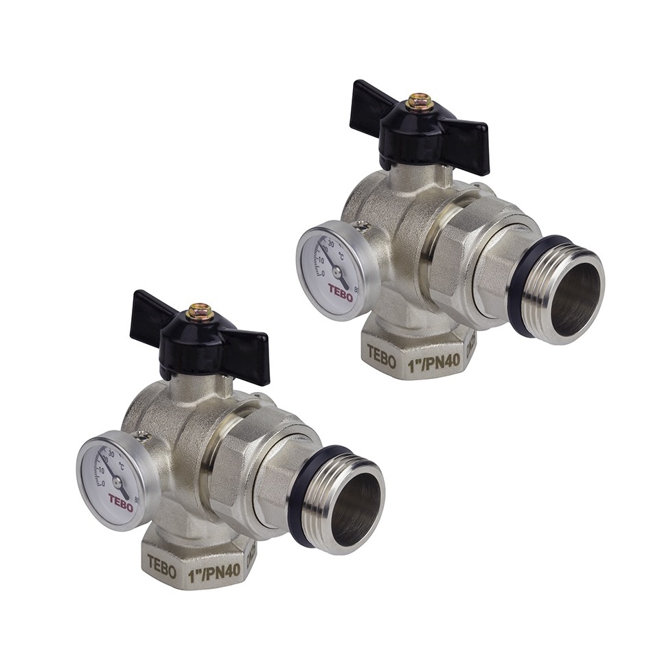 Коллектор. краны шар. с термометром и американкой  1 TEBO  угловой  (пара)  (24/2)