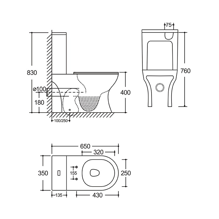 Унитаз напольный  AMELIA TORNADO безобод.гориз,665х350х830мм,дюропласт,б/съем,м/л RADOLUXE (2 места)