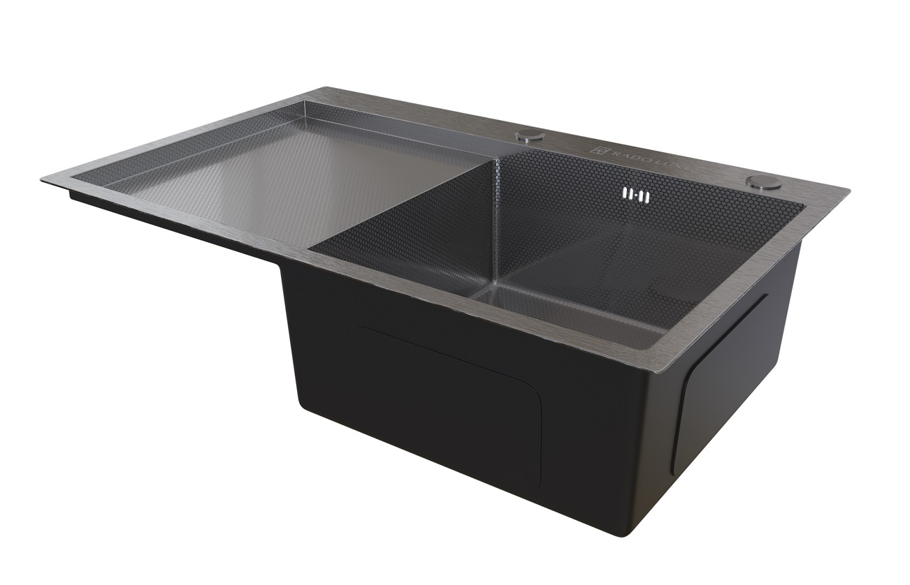 Мойка настол.монтаж  RADO LUXE 77x50  ЧЕРНЫЙ ДЕКОР  7750-AHB-R правая  (3,0)   22см      (1/1шт)