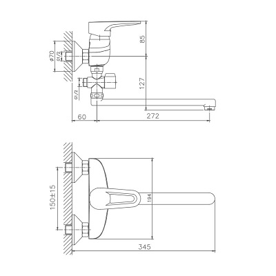 005EURO  Смеситель д/ванны  HB-2168  длинный излив ХРОМ к40 HAIBA   (8/1шт)