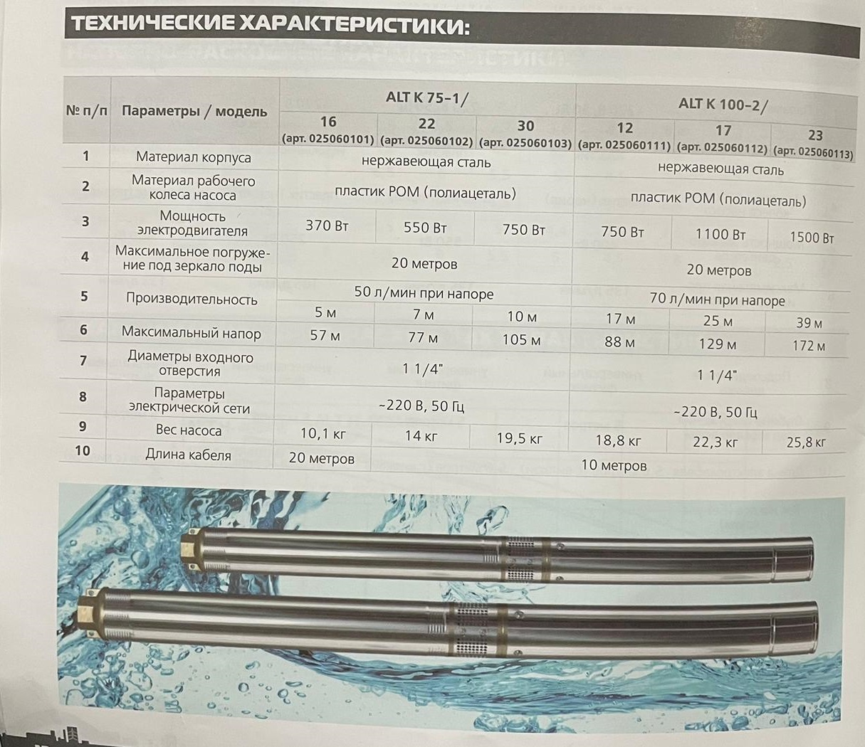 Насос погружной скважинный  ALT K-75-1/16 370 W 50 л/мин при напоре 5 м, макс. напор 57 м. каб 20 м