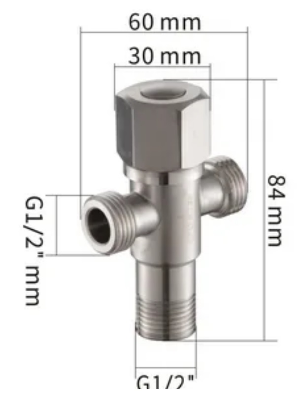 Кран угловой    1/2 - 1/2 - 1/2   буксовый  AD1009 из НЕРЖАВ. СТАЛИ (60/1шт)