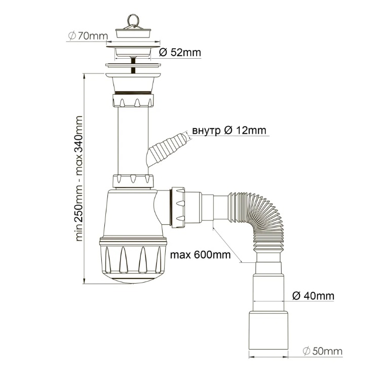 M106-1  Сифон  д/кухни ZEGOR с прикручив. вып. 1 1/2 выходом п/стир и гибкий отвод d40/50 (30/1шт)