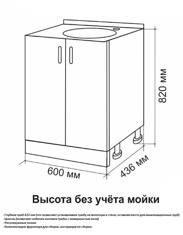 Тумбa под накладную мойку 600  белый (на ножках)   (1/1шт)