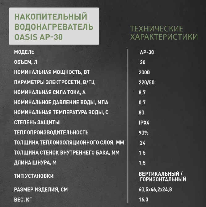 Бойлер  30 л. плоский вертикальный-горизонтальный    AP-30   OASIS   (2000 Вт, c УЗО)   (1/1шт)