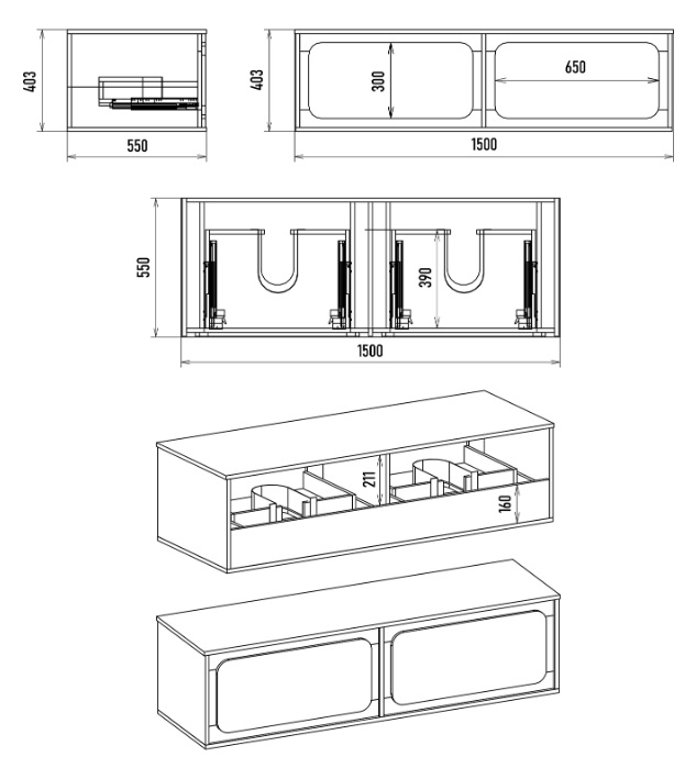 Тl50 Тумба ПОДВЕСНАЯ Дубль-150  2ящ. белая эмаль под ум. накладной  Misty