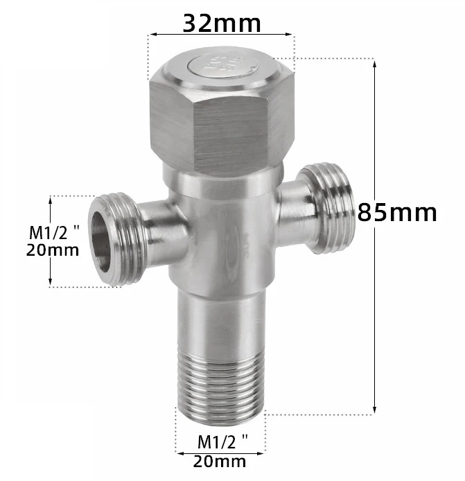 Кран угловой    1/2 - 1/2 - 1/2   буксовый  AD1009 из НЕРЖАВ. СТАЛИ (60/1шт)