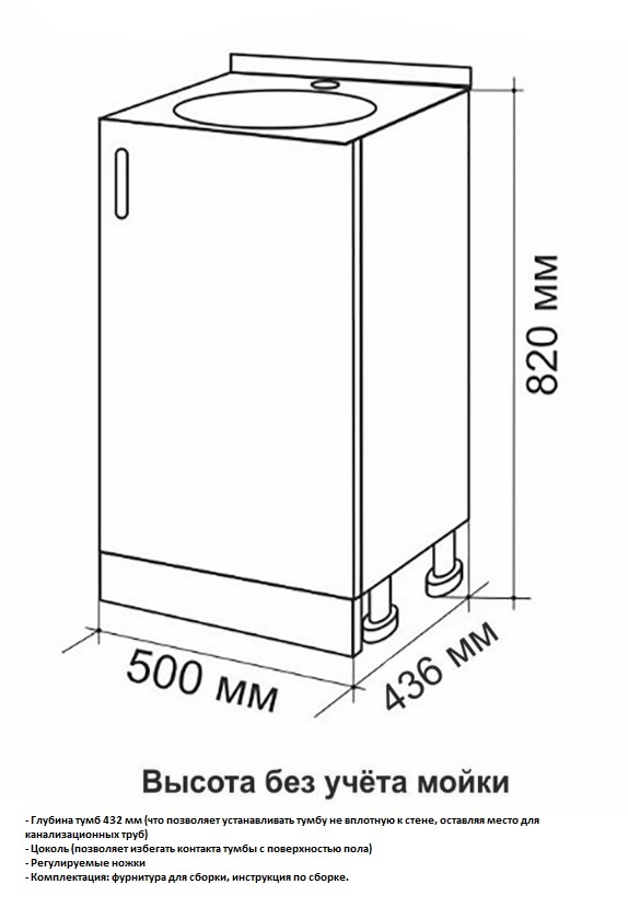 Тумбa под накладную мойку 500  белый (на ножках)   (1/1шт)