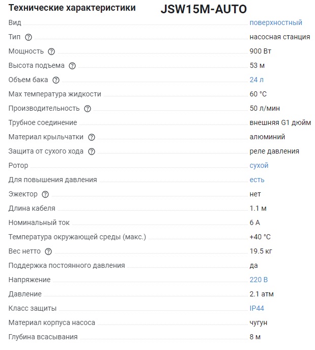 Насос станция  PROFSAN  JSW-15M-AUTO  900 W  50 л/мин., макс. напор 53 м. бак 24L   (1/1шт)